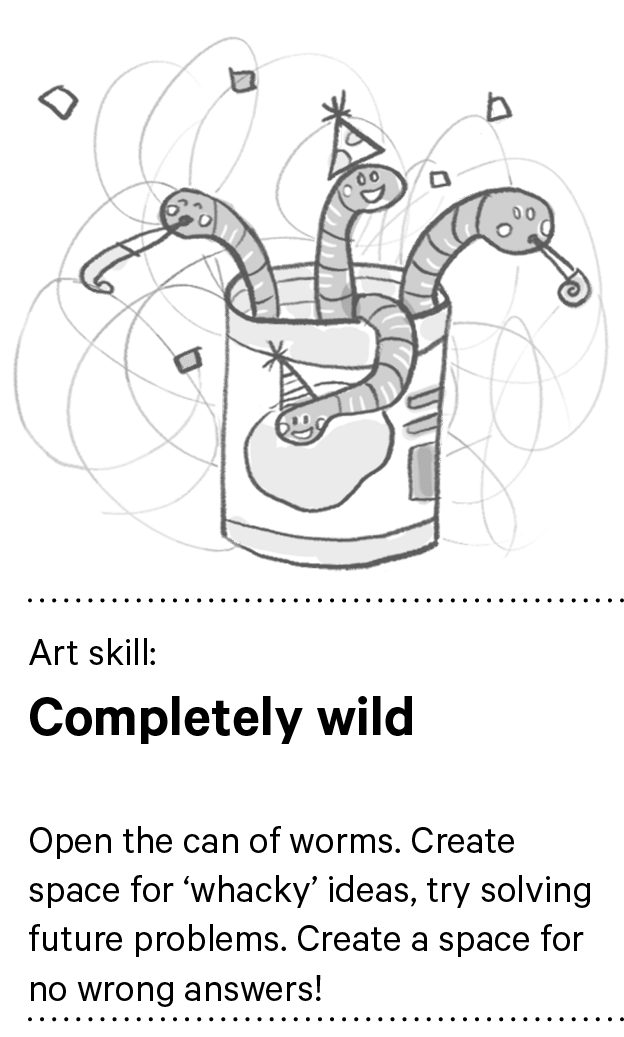 Art skill: Completely wild Open the can of worms. Create space for ‘whacky’ ideas, try solving future problems. Creat...